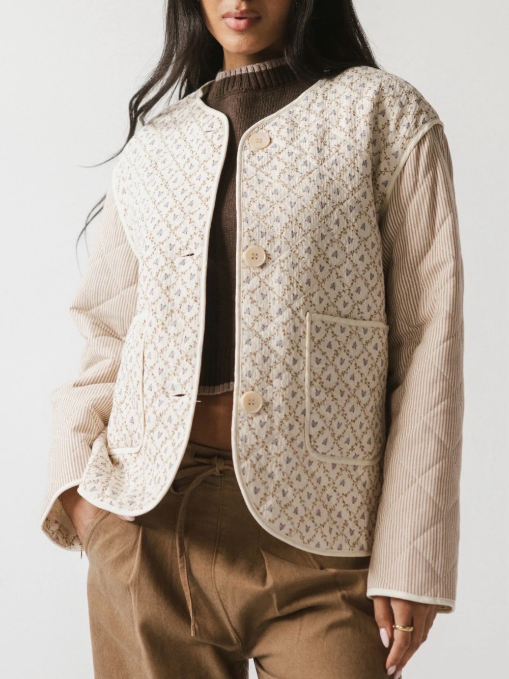 NWT Boutique Quilted Floral Jacket | Cream & Beige | Cottagecore Boho Layer |